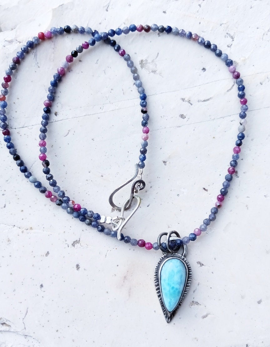 Larimar Necklace with Sapphire & Ruby Choker Choker & Gemstone Drop Charm