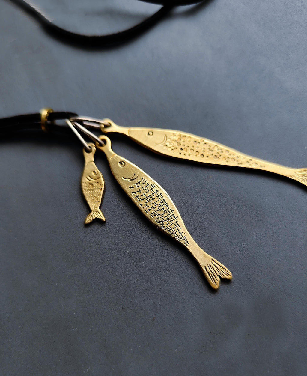 Fish Pendant in Golden Brass - 3 Sardines Stack Necklace