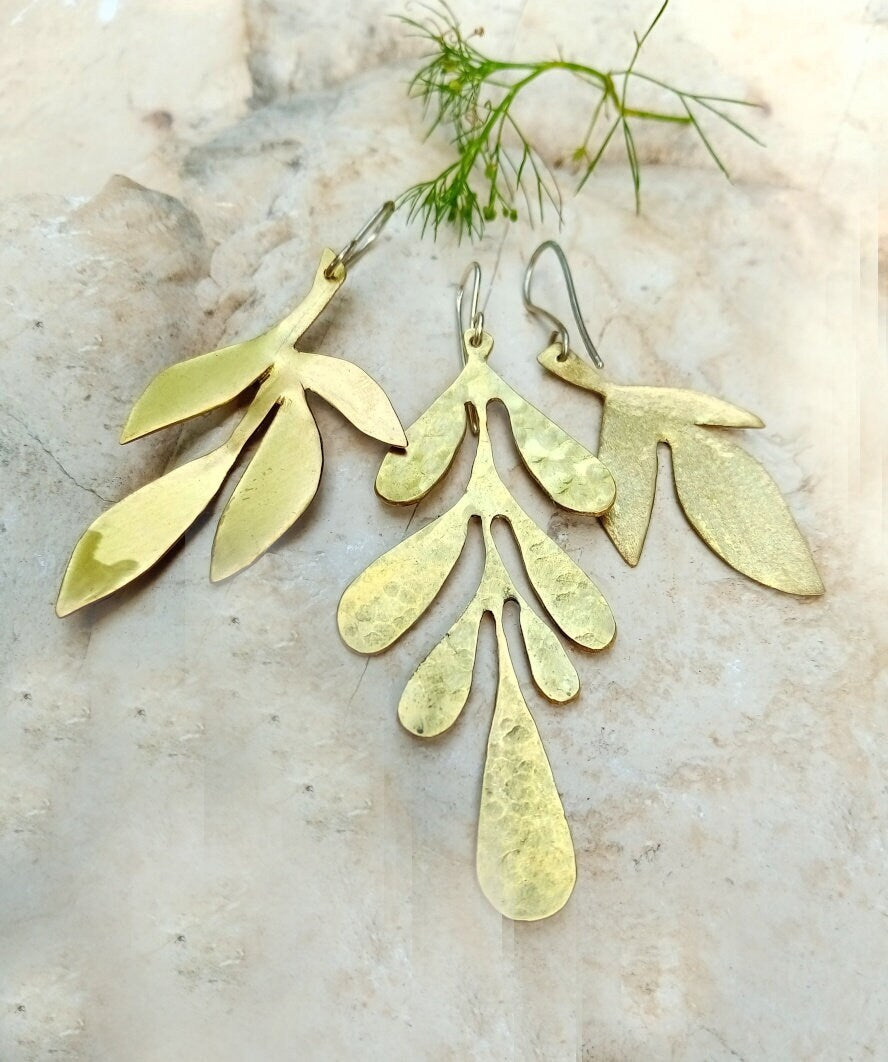 Long Brass Leaf Earrings, Textured Finish Brass Earrings, Brass Dangle Earrings with Sterling Hook/Post, Gold Floral Brass Earrings