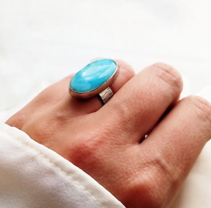 Blue Larimar Ring with Silver Open Band 7.25-9 // 01/2-S