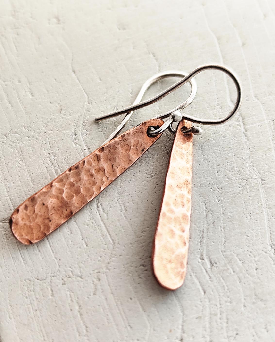 Minimal Textured Silver/Copper/Brass Drop Dangle Earrings with Hammered Finish