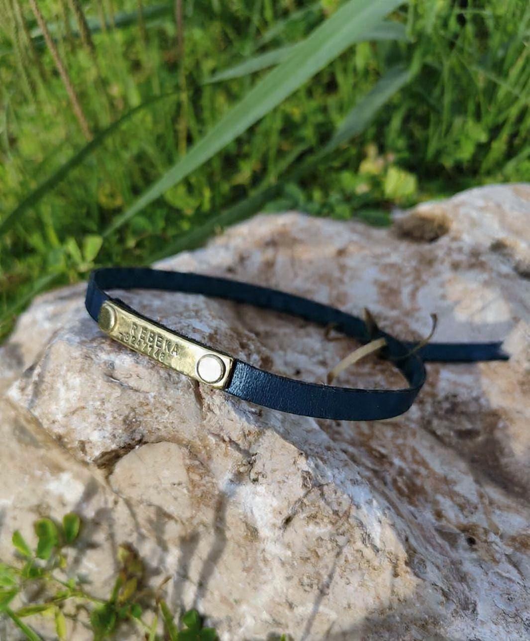 Slip-on Lightweight Pet Collar with Custom Brass ID Tag - Blue/Red/Yellow/Natural/Brown/Black Leather
