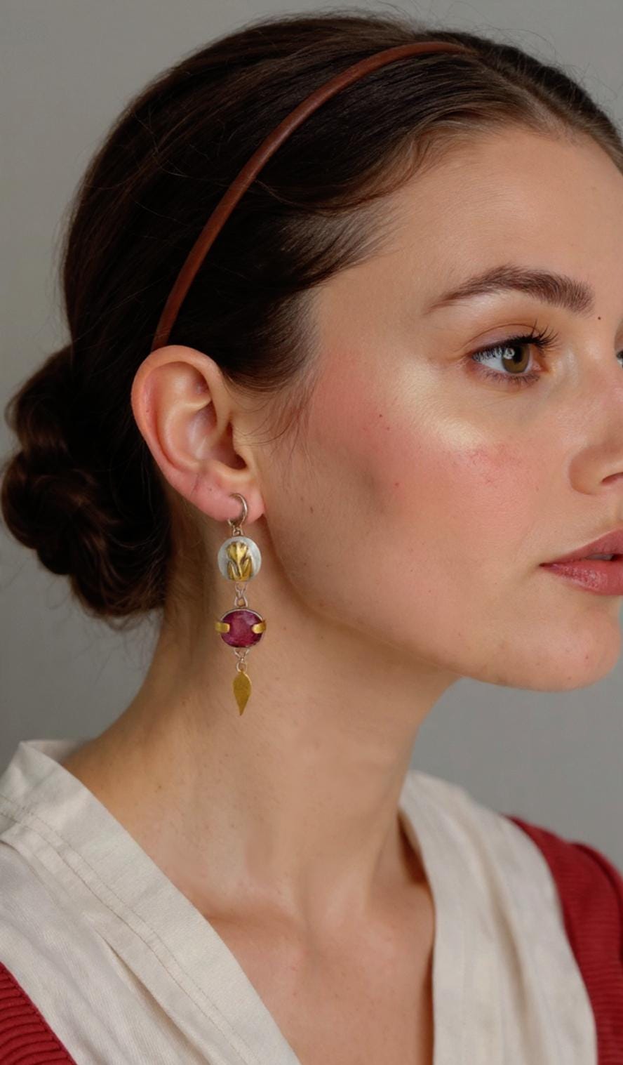 Statement Rustic Flower and Ruby Earrings in Oxidized Silver