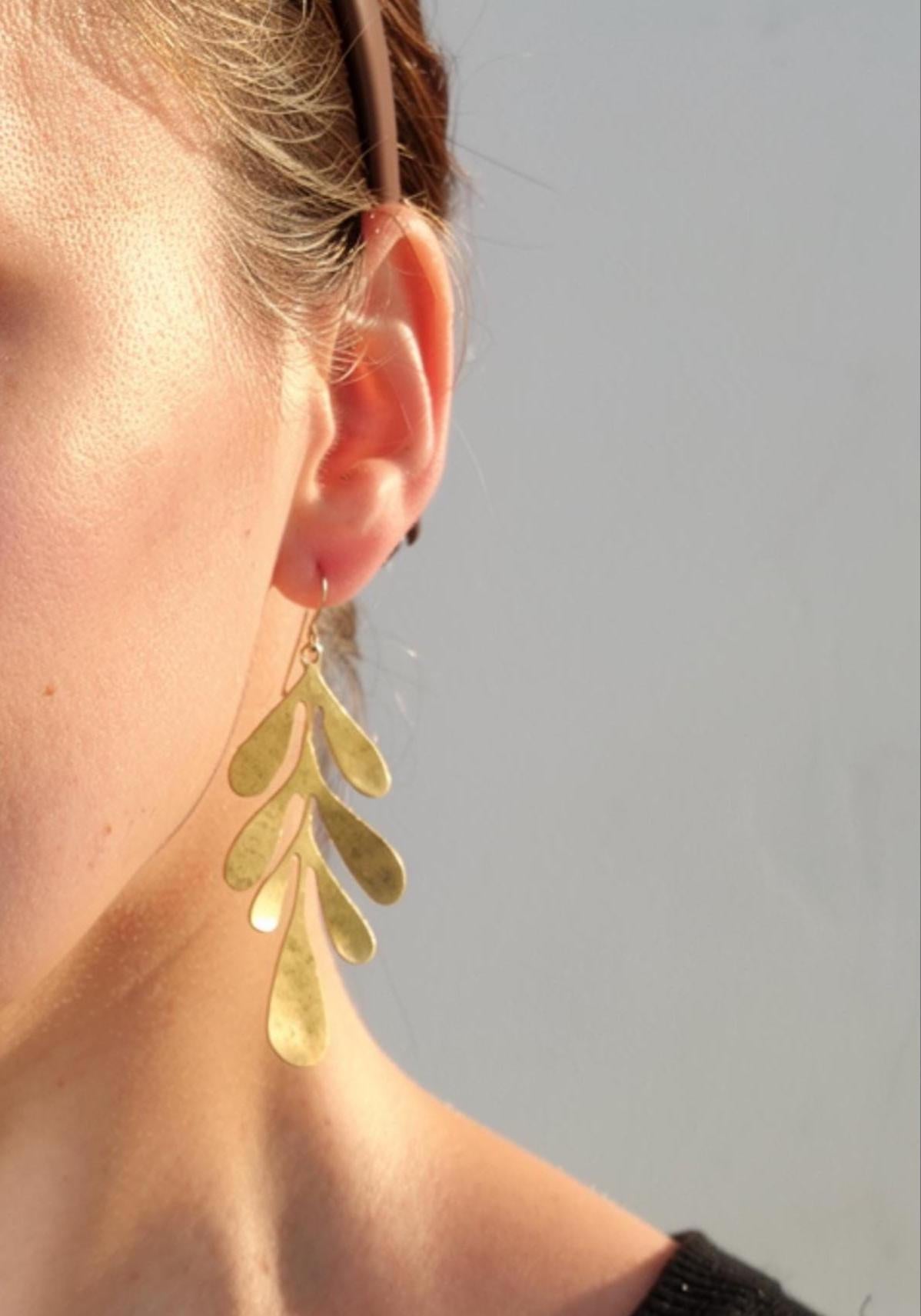 Long Brass Leaf Earrings, Textured Finish Brass Earrings, Brass Dangle Earrings with Sterling Hook/Post, Gold Floral Brass Earrings