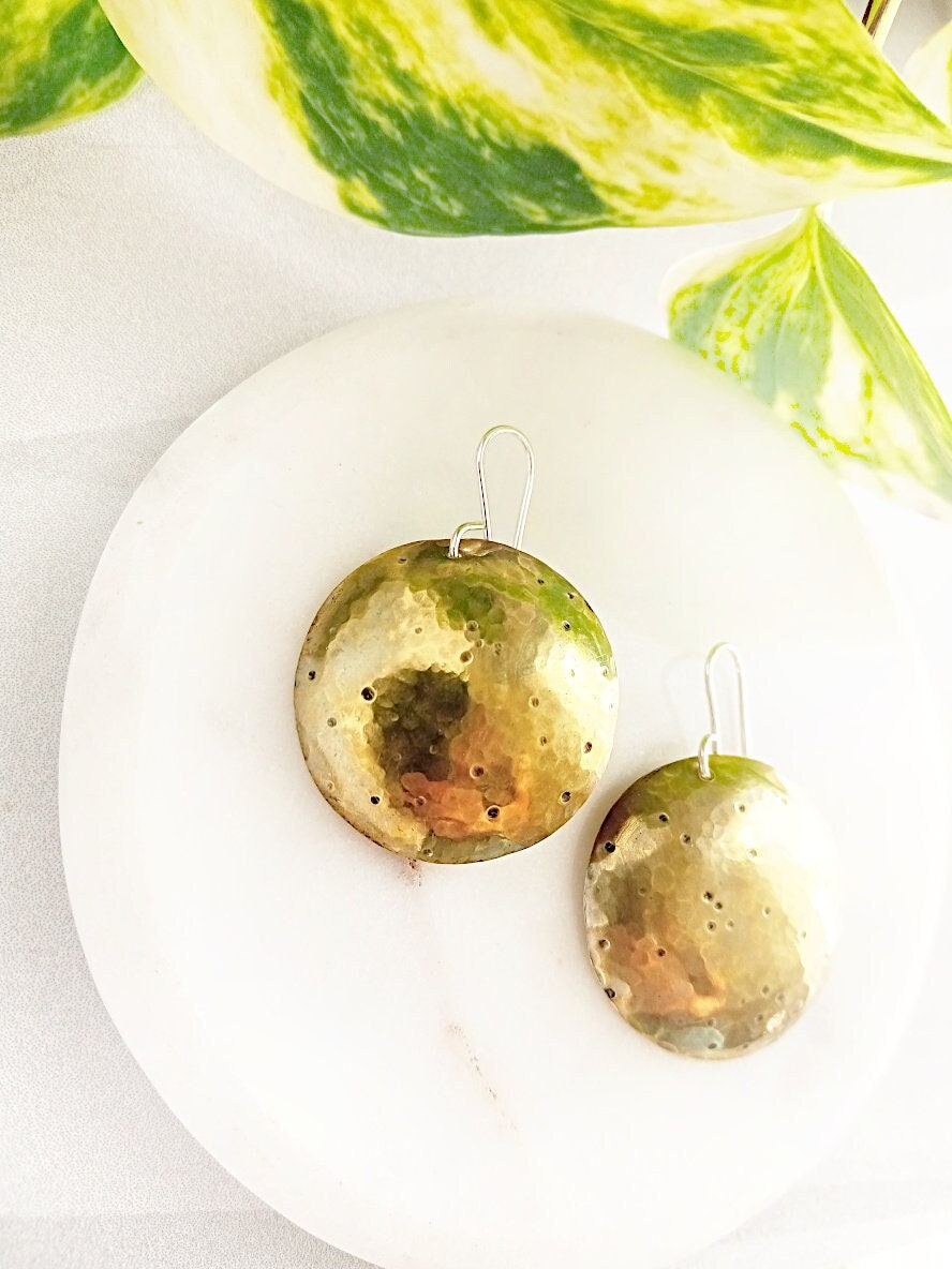 Hammered Brass Earrings with Textured Concave Discs & Silver Hooks or Studs