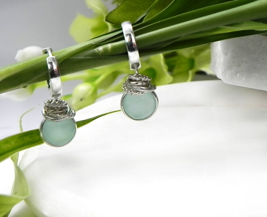 Aqua Chalcedony Earrings Oxidized Sterling & Blue Stone Hoops