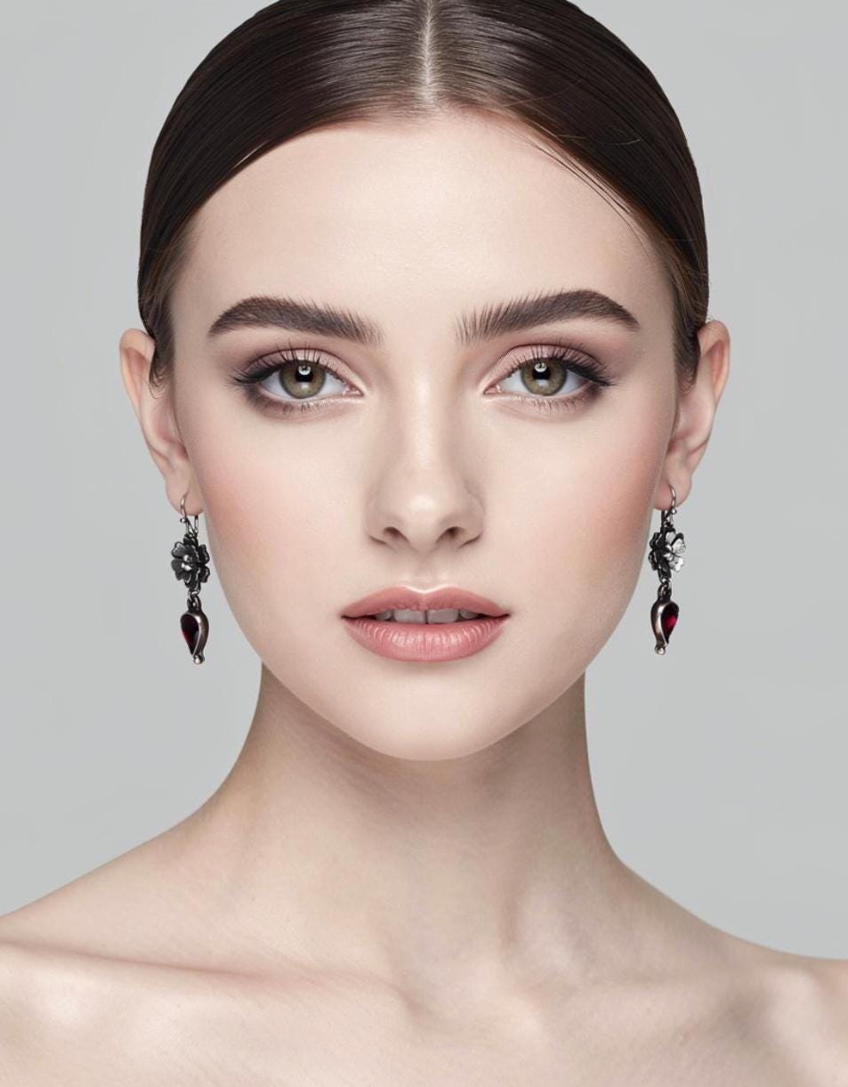 Floral Garnet Drop Earrings in Antiqued Sterling Silver