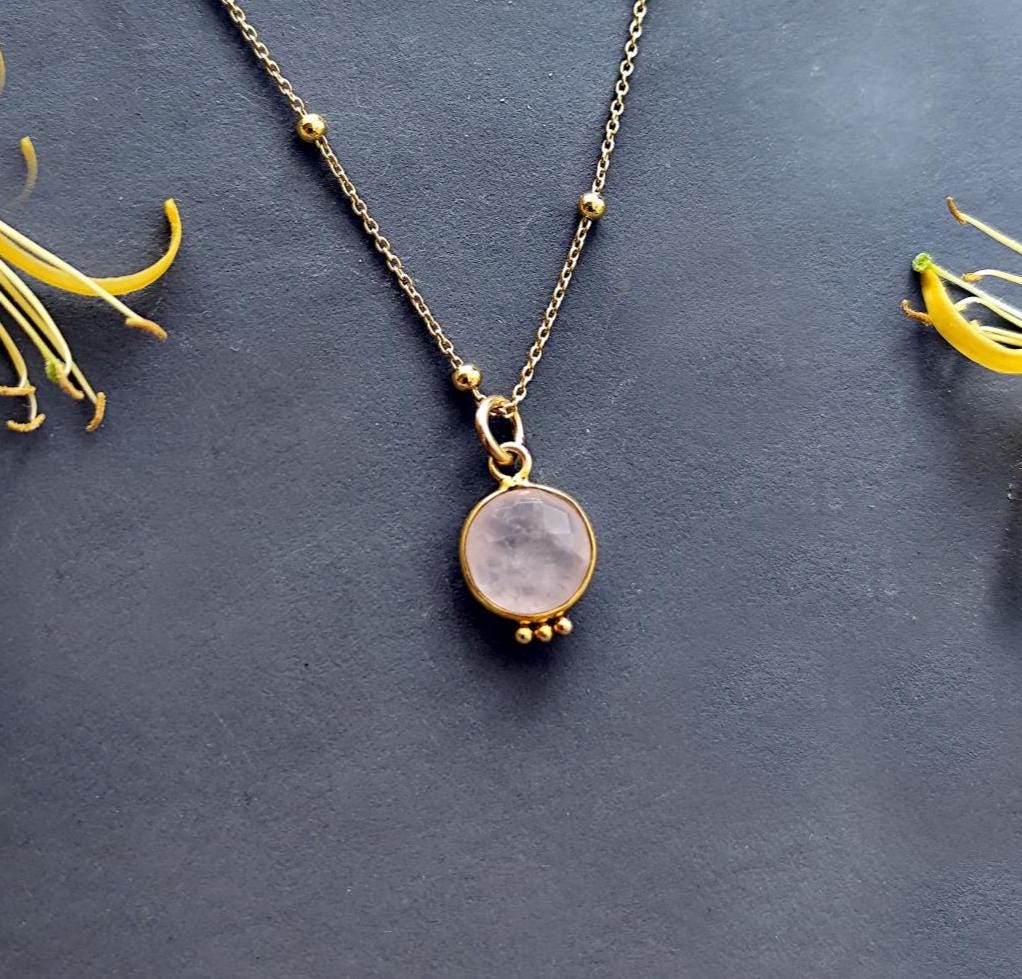 Dainty Rose Quartz Charm Necklace Gold Plated Sterling Silver