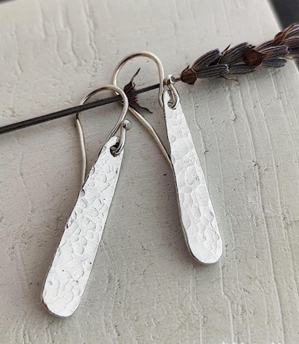 Minimal Textured Silver/Copper/Brass Drop Dangle Earrings with Hammered Finish