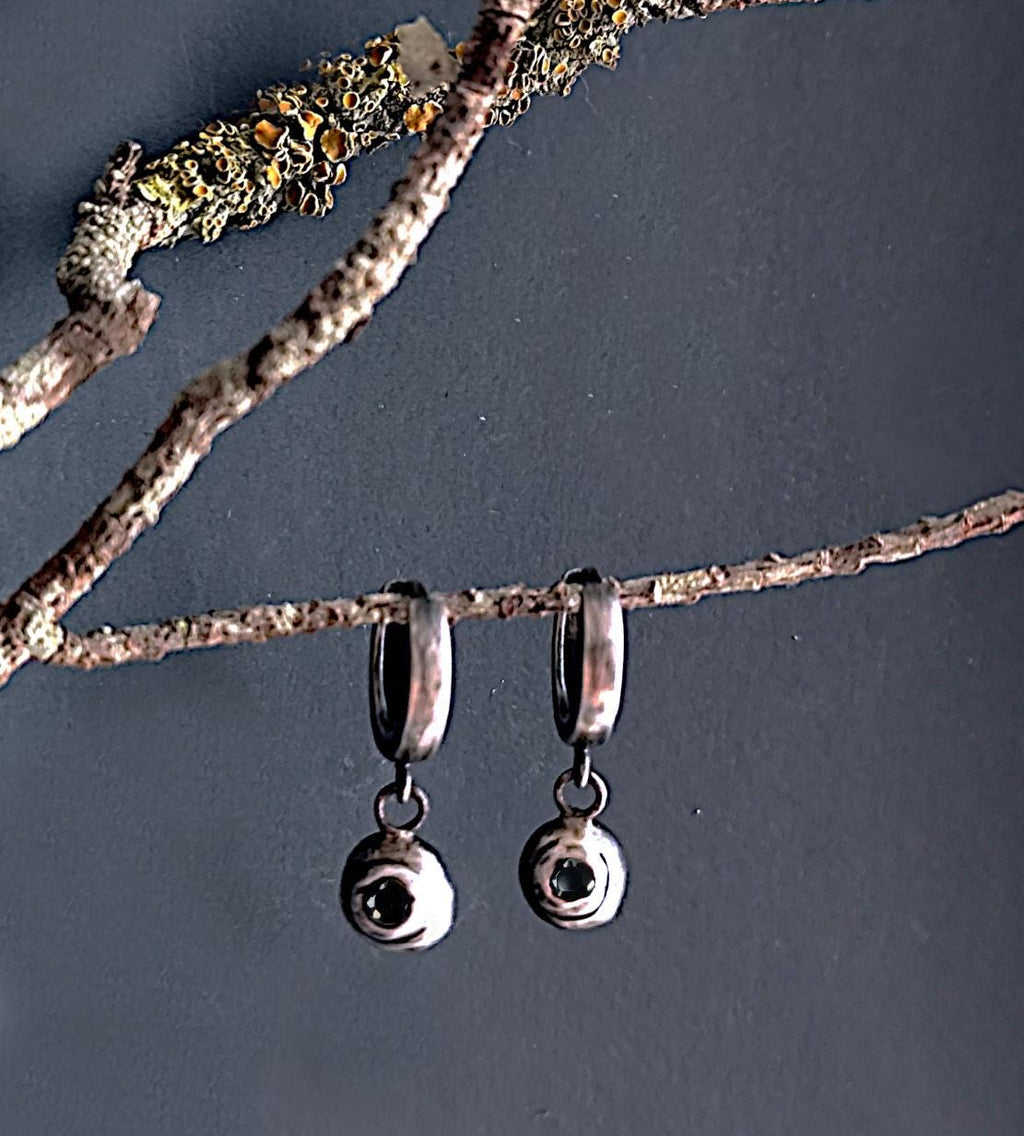 Small Rustic Hoop Earrings with Black Moissanite Charm