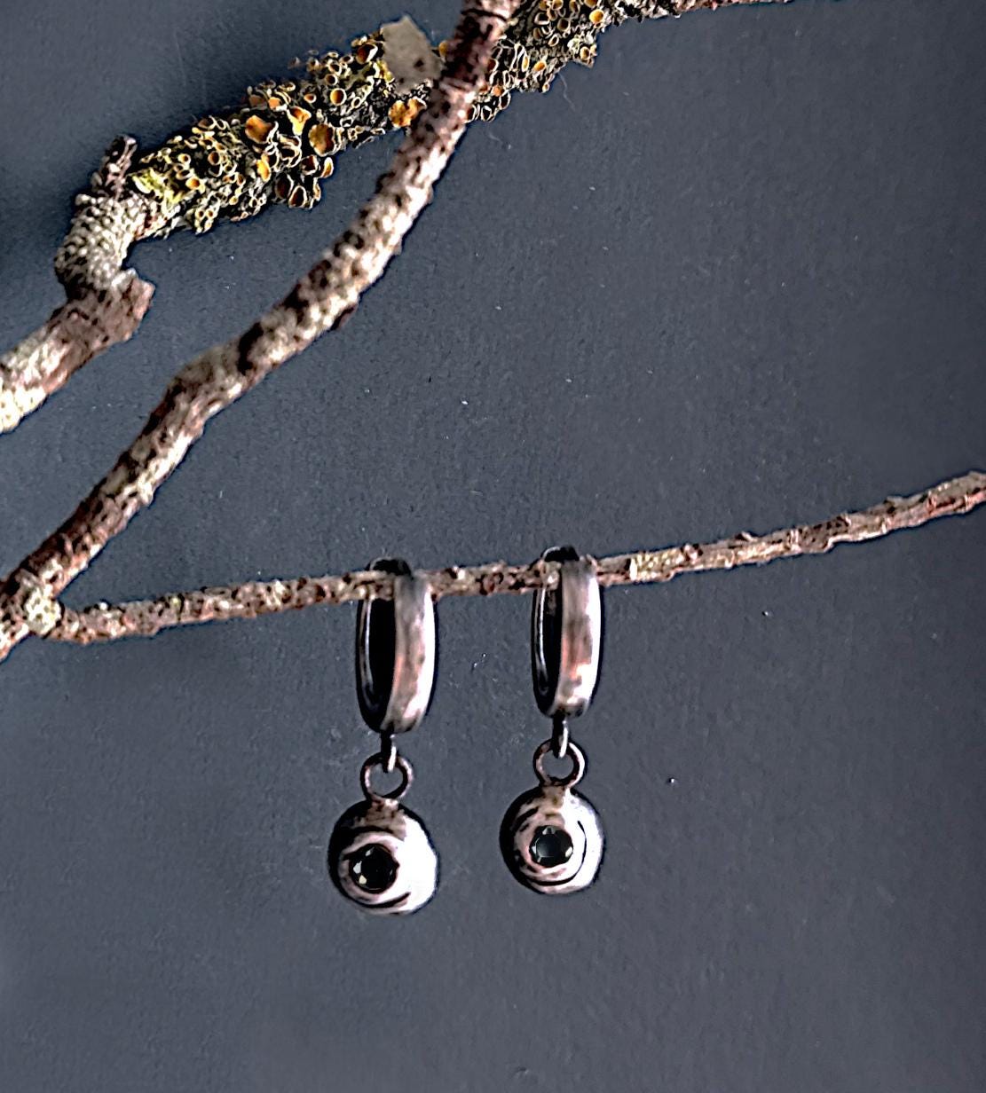 Small Rustic Hoop Earrings with Black Moissanite Charm