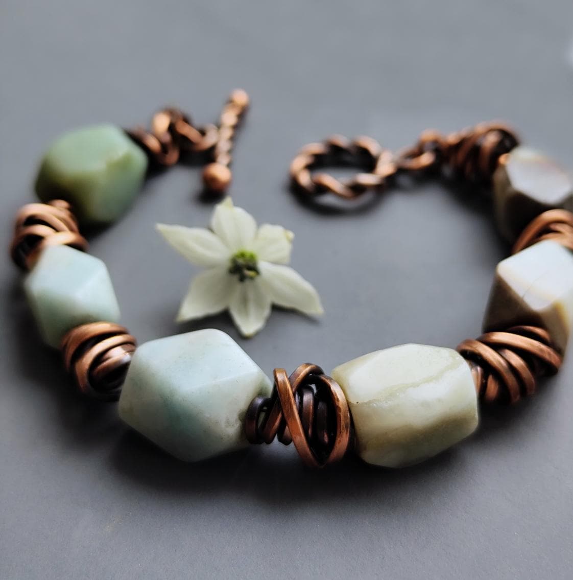 Chunky Amazonite Bracelet Wire Wrapped Rustic Copper Details