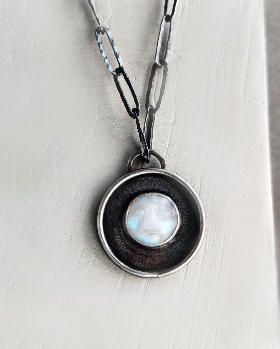 Silver Pendant with Moonstone Face and Handcrafted Chain