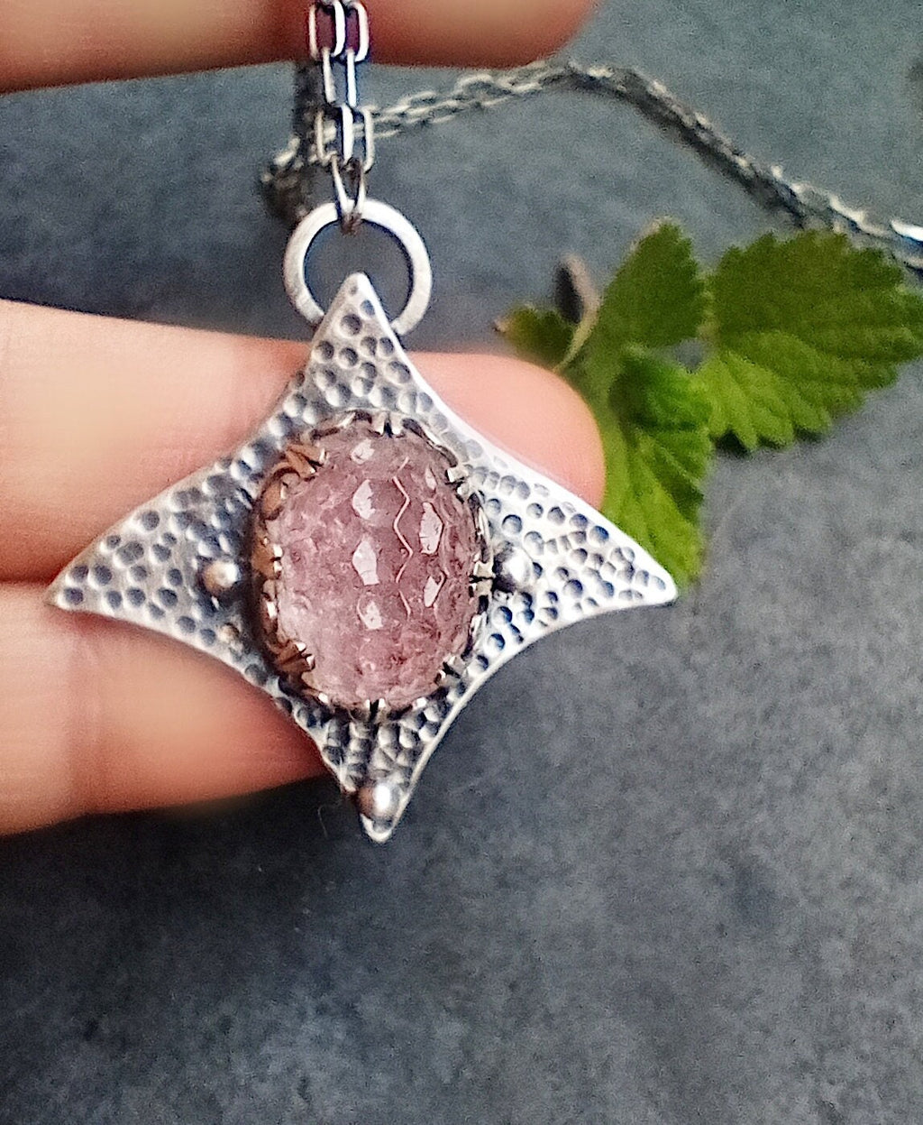 Carved Rose Quartz Statement Necklace in Textured Silver, Light Pink Gemstone Necklace, Silver Manta Necklace Genuine