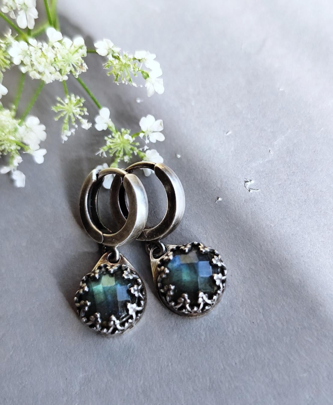 Silver Lace Bezel Labradorite Blue Moon Hoop Earrings