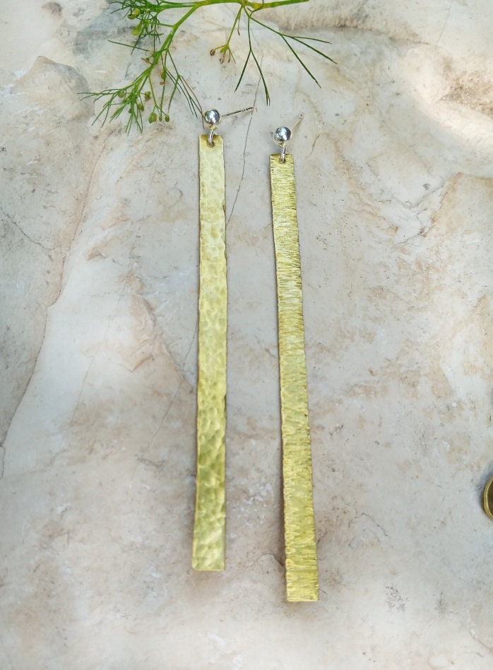 Textured Brass Stick Earrings Golden Brass