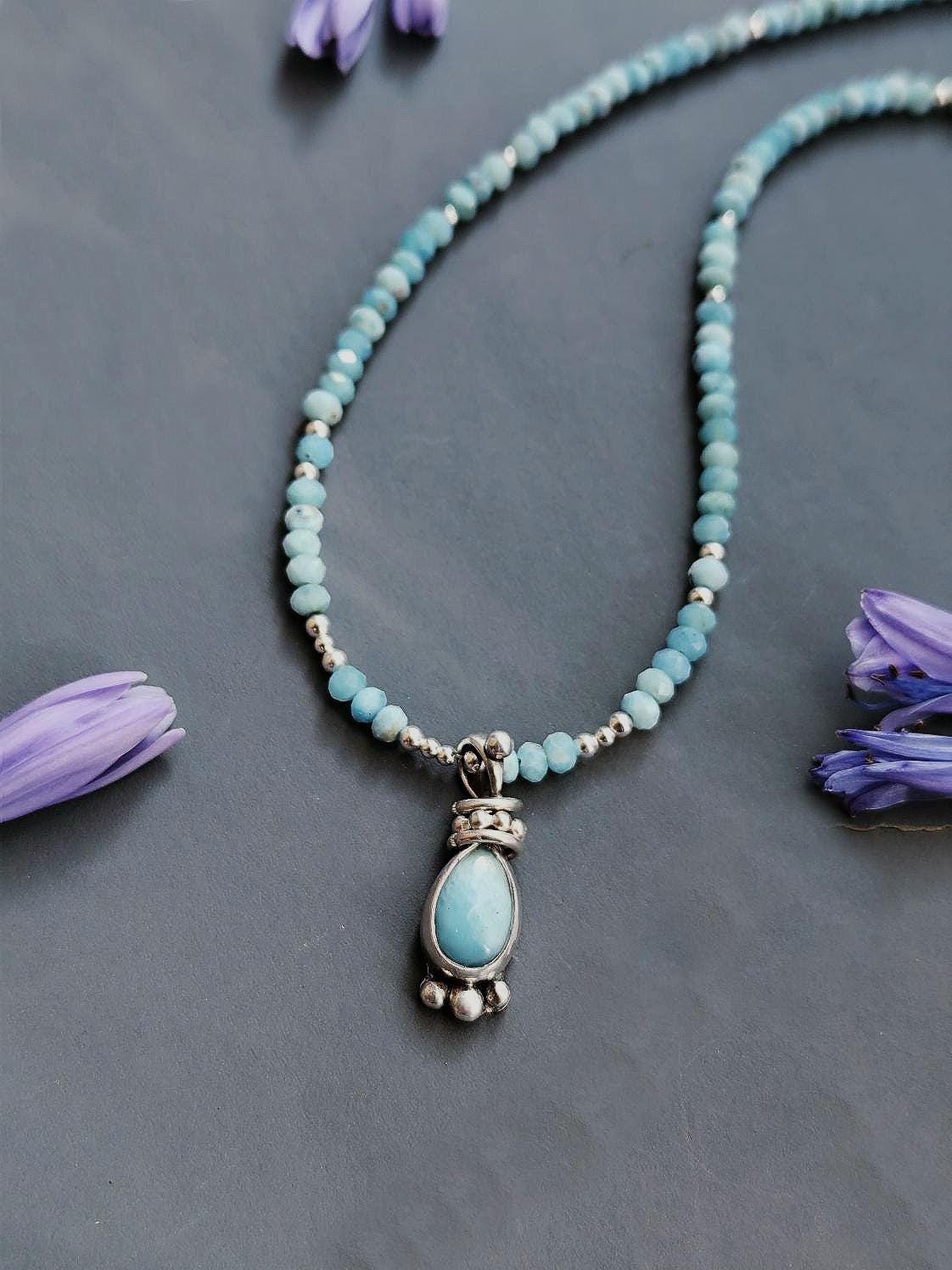 Blue Lagoon Larimar Beaded Necklace with Drop Pendant in Silver