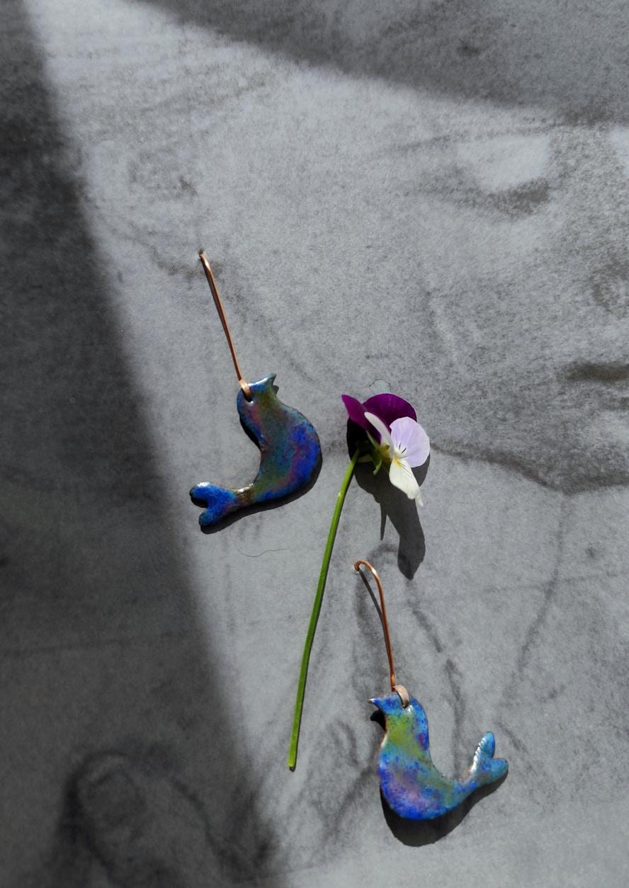 Blue Enamel Bird Earrings with Long Copper Hooks