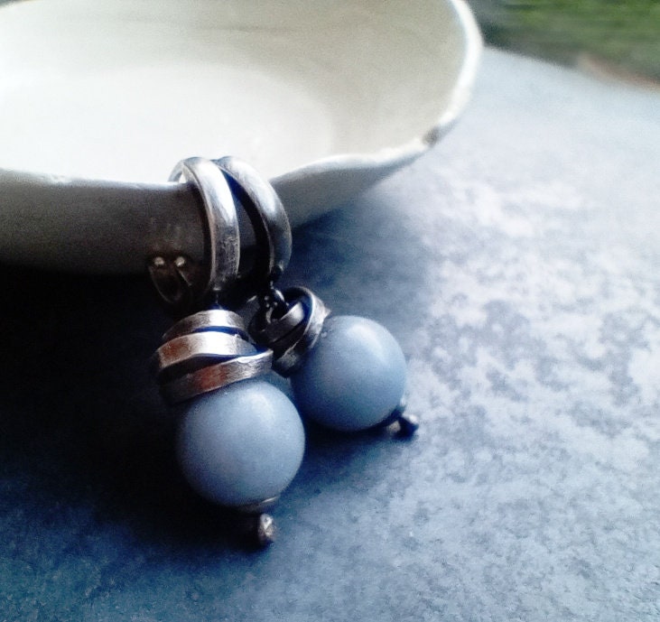 Rustic Silver Angelite Earrings, Pale Blue Stone Jewellery, Handmade Jewellery Silver, Angelite Hoops, Angel Stone Jewellery Oxidized Silver
