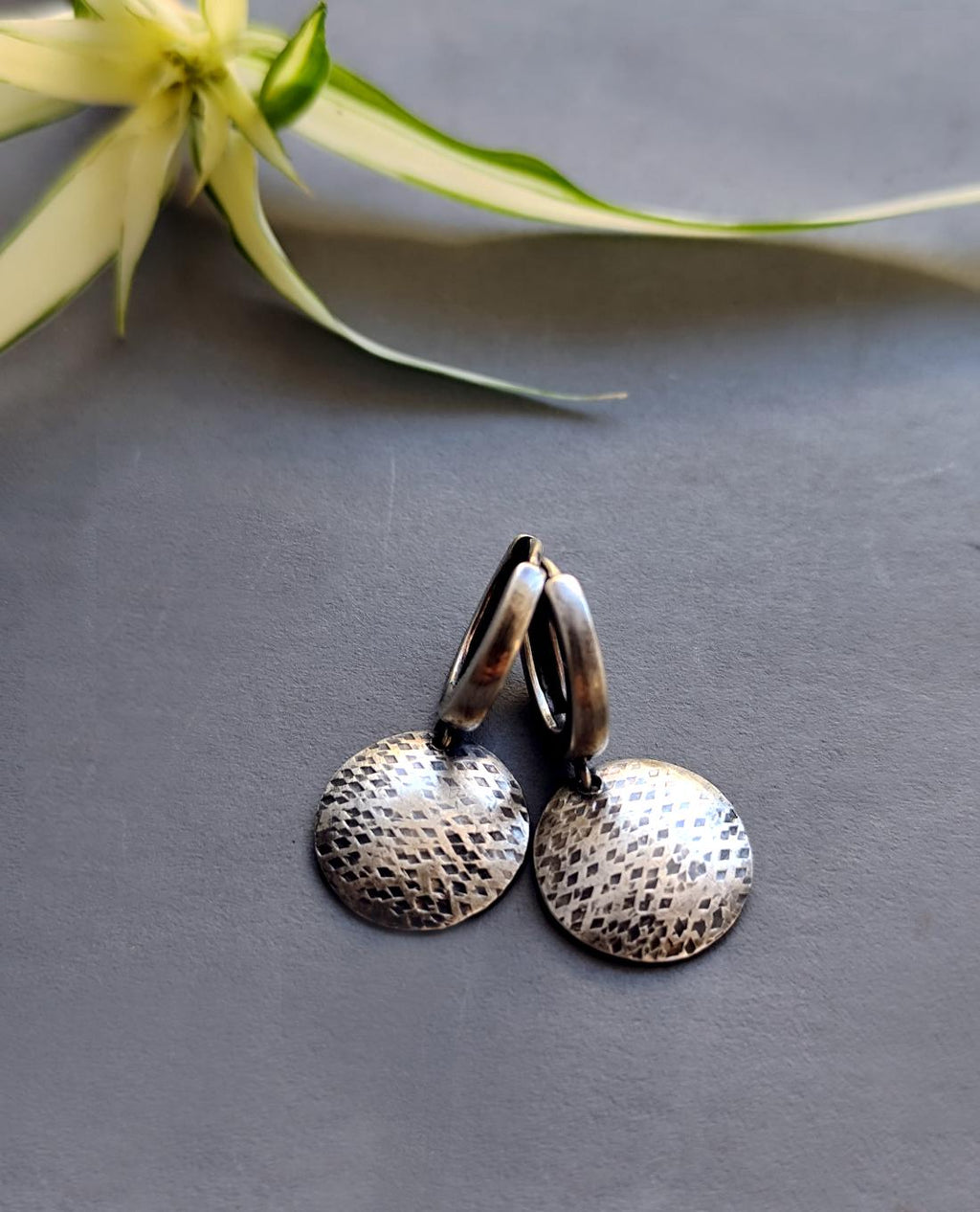 Short Hoop Earrings with Textured Disc Coins