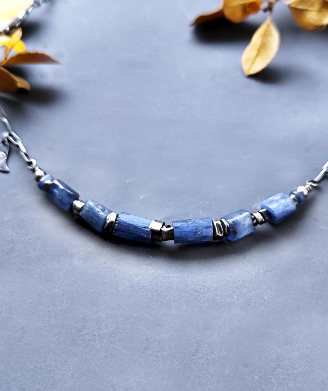 Artisan Raw Silver Necklace with Blue Kyanite, Oxidized Sterling Silver Jewellery, Chain Necklace with Kyanite Bar, Denim Blue Necklace 925
