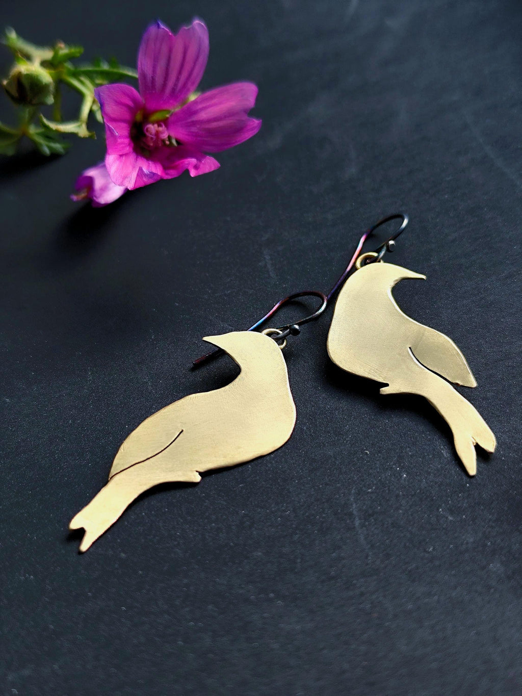 Brass Bird Earrings Mismatched, Lightweight Brass Earrings with Sterling Hooks, Smooth Brass Earrings, Animal Jewelry Pure Golden Brass