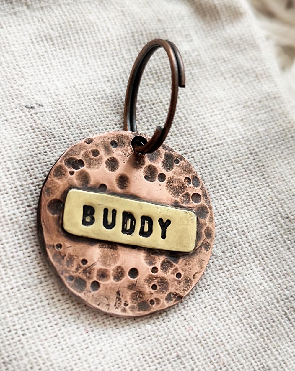 32mm Hammered Copper & Brass Pet ID Tag, Hand-stamped Custom Tag - for Large Dogs/Horses/Key-rings