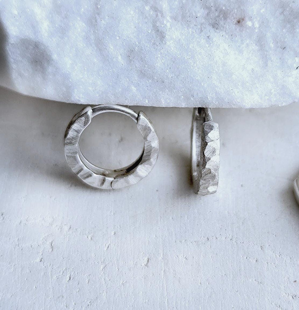 Small Textured Solid Sterling Silver Huggies 12 mm Hoops