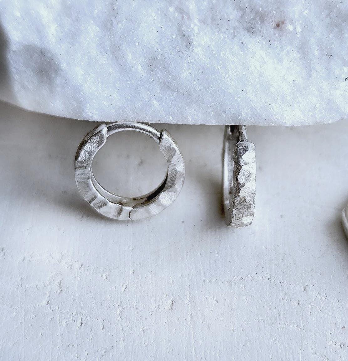 Small Textured Solid Sterling Silver Huggies 12 mm Hoops