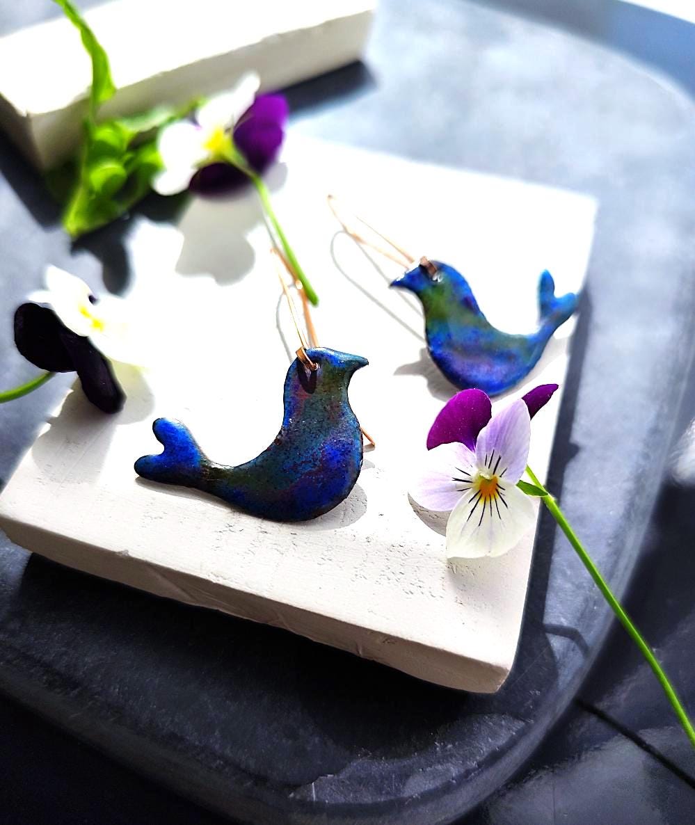 Blue Enamel Bird Earrings with Long Copper Hooks
