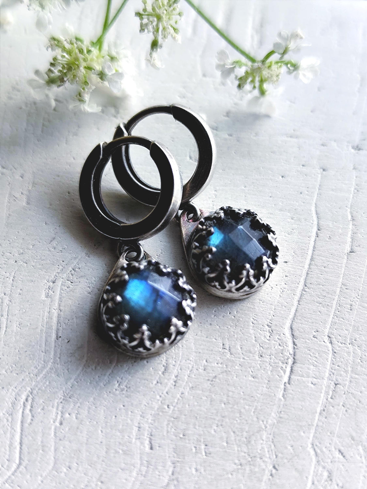 Silver Lace Bezel Labradorite Blue Moon Hoop Earrings