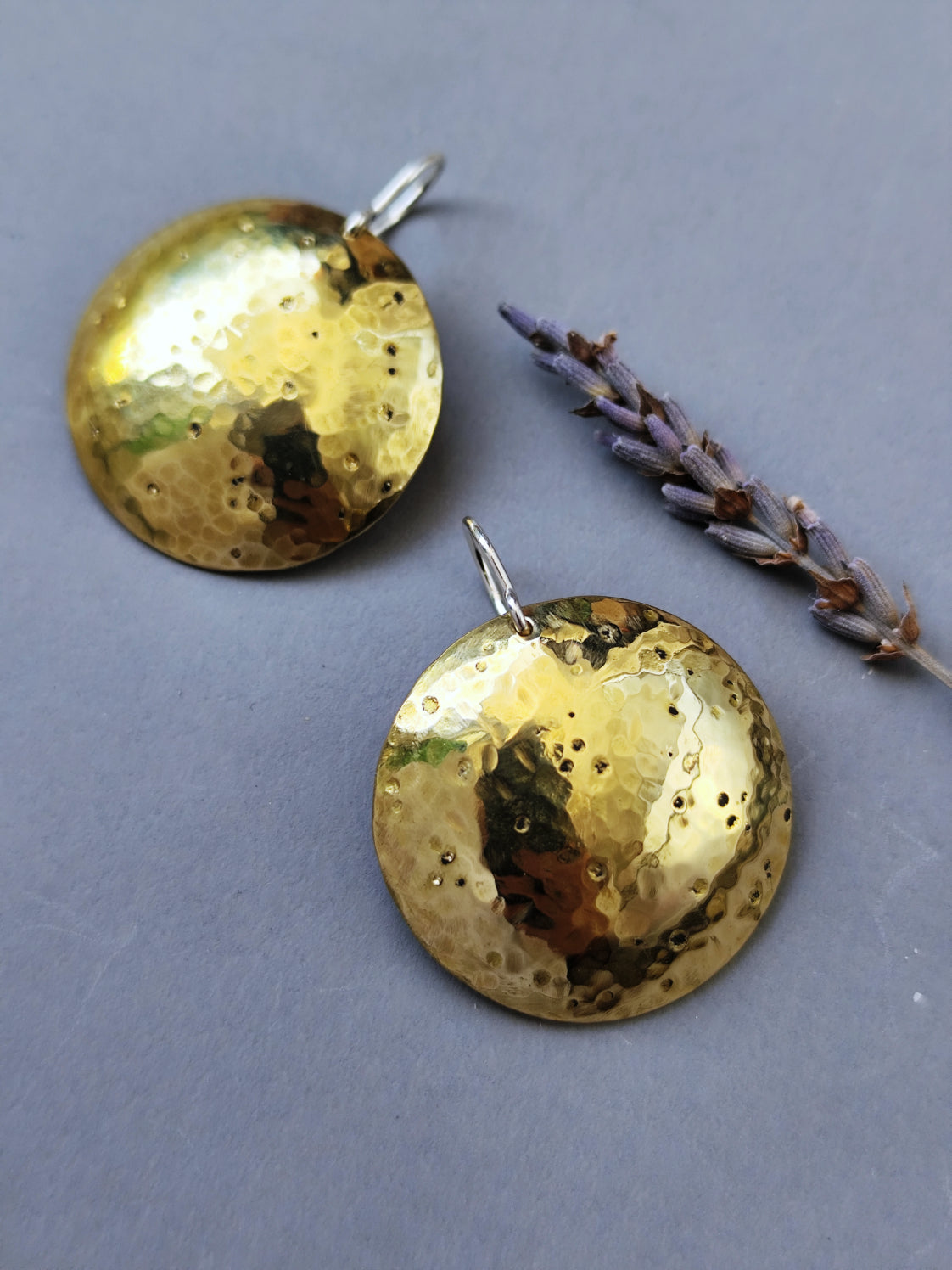 Hammered Brass Earrings with Textured Concave Discs & Silver Hooks or Studs