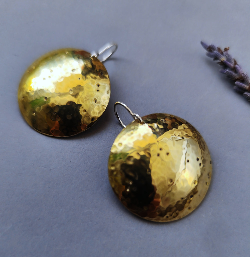 Hammered Brass Earrings with Textured Concave Discs & Silver Hooks or Studs