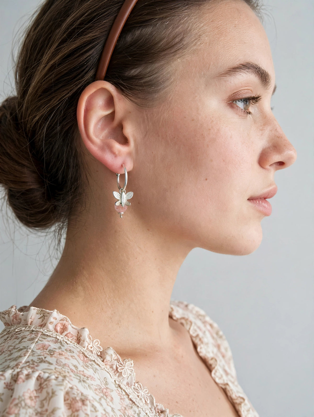 Hoop earrings with 10 charms - Gems in Green & Pink Shade, Butterfly, Flowers & Tree