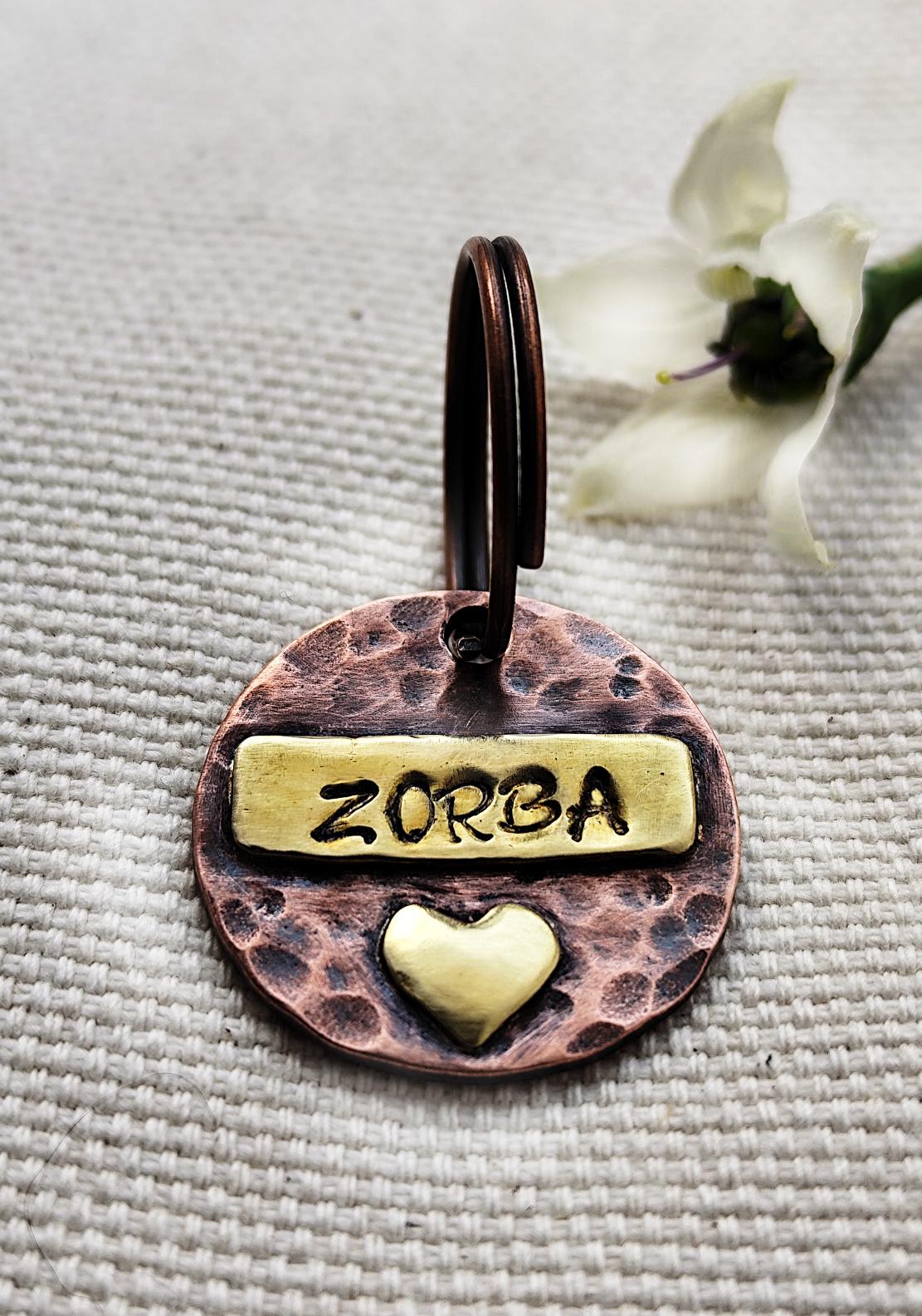 25mm Copper & Brass Pet ID with Heart Detail in Rustic or Shiny Finish - for Medium Size Pets/Key-rings