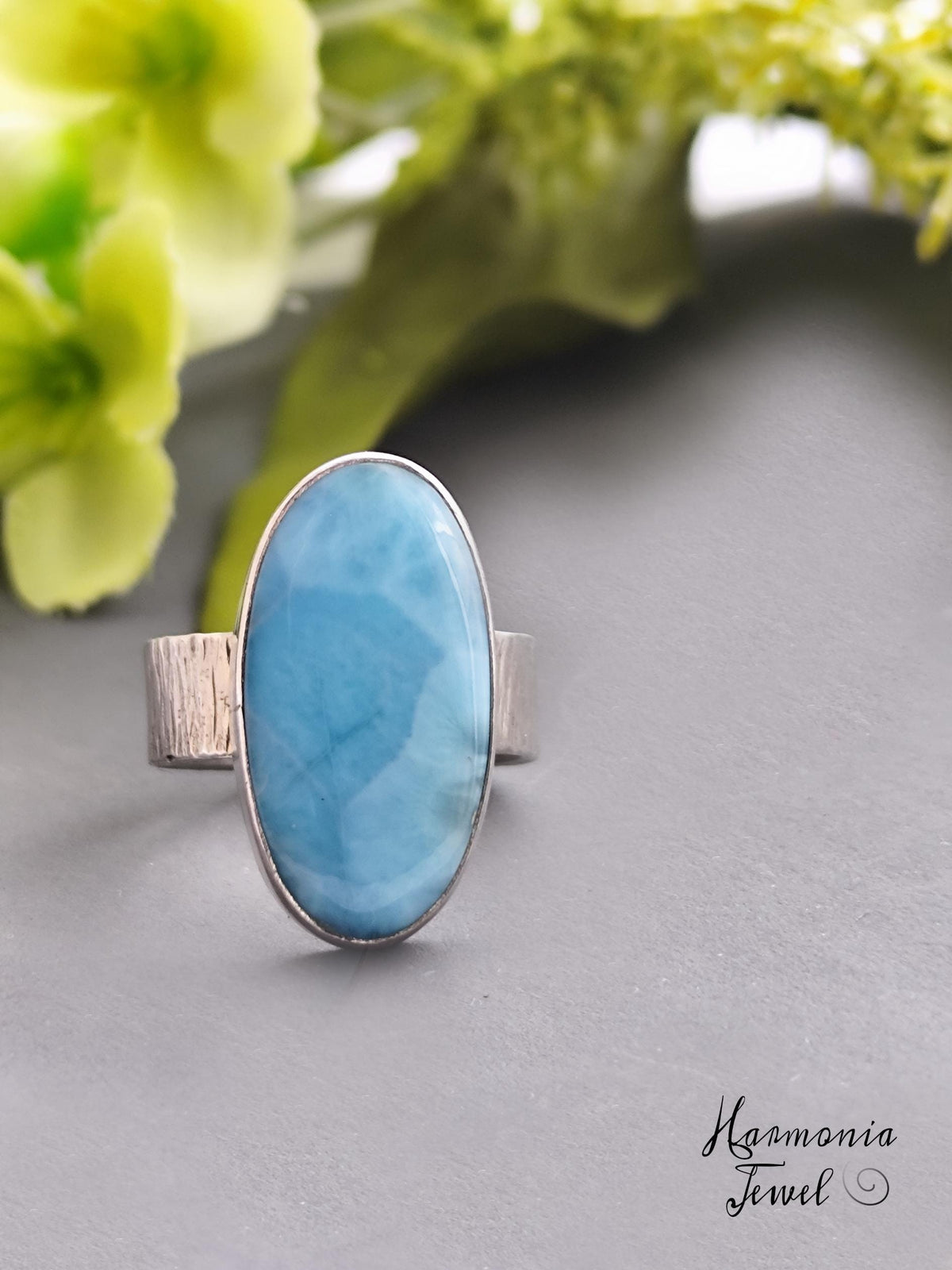 Blue Larimar Ring with Silver Open Band 7.25-9 // 01/2-S