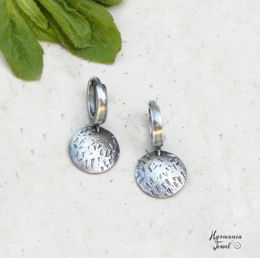 Short Hoop Earrings with Textured Disc Coins