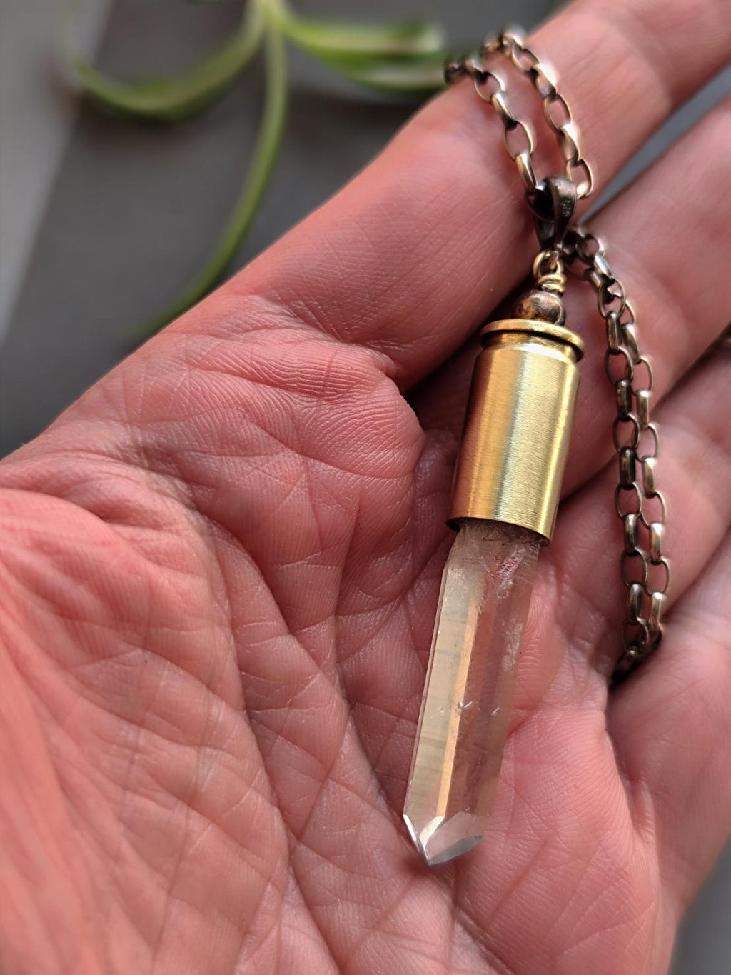 Natural Crystal Quartz Point Bullet Casing Pendant Necklace with Sturdy Silver Chain