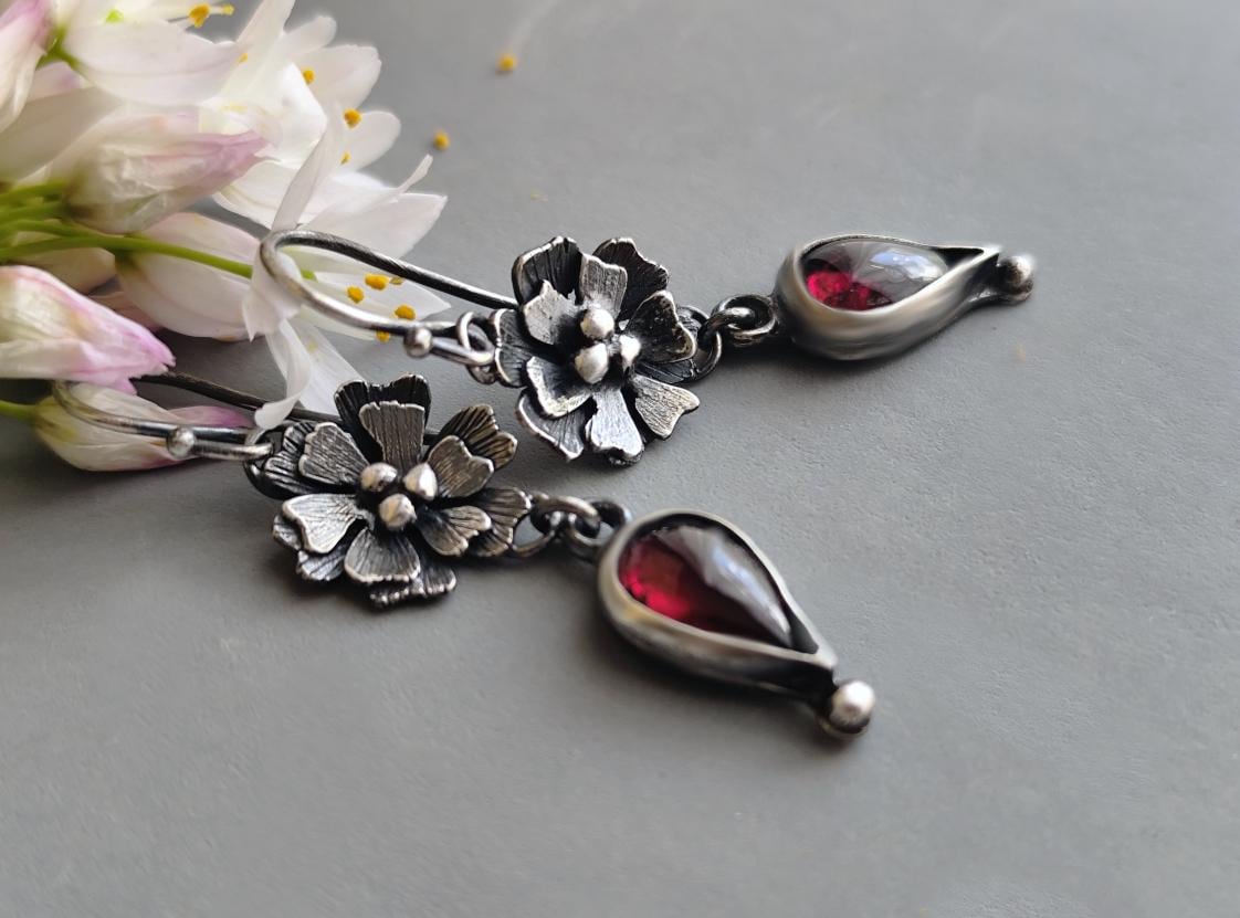 Floral Garnet Drop Earrings in Antiqued Sterling Silver