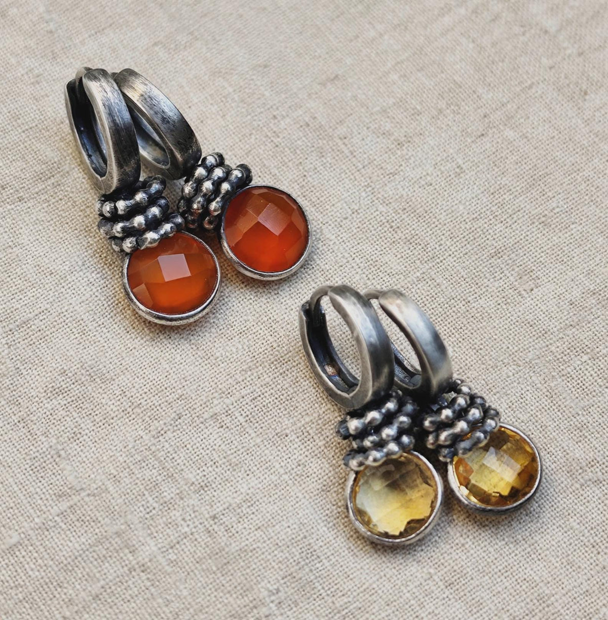 Citrine Hoop Earrings Silver, Small Yellow Charm Earrings