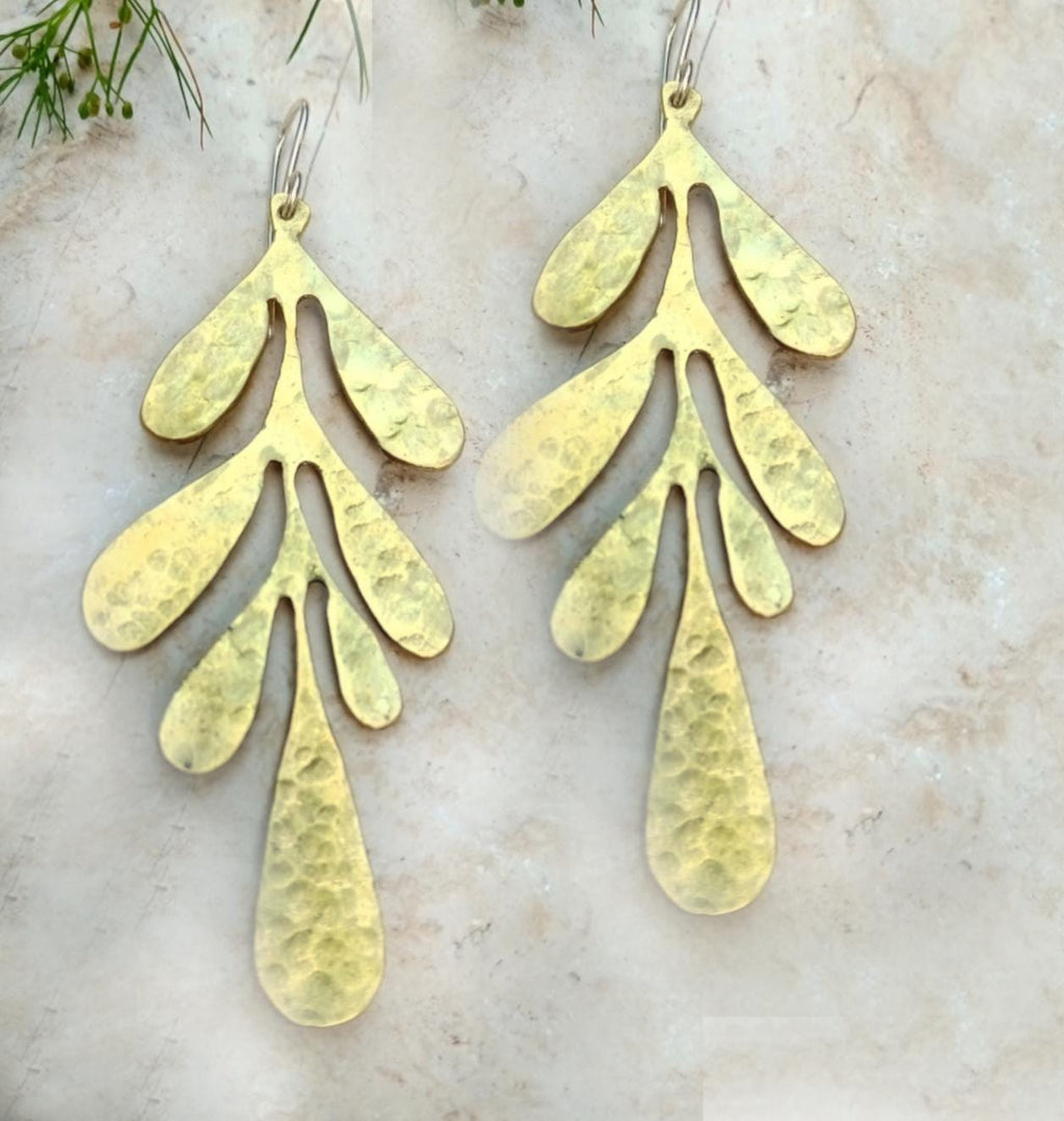 Long Brass Leaf Earrings, Textured Finish Brass Earrings, Brass Dangle Earrings with Sterling Hook/Post, Gold Floral Brass Earrings