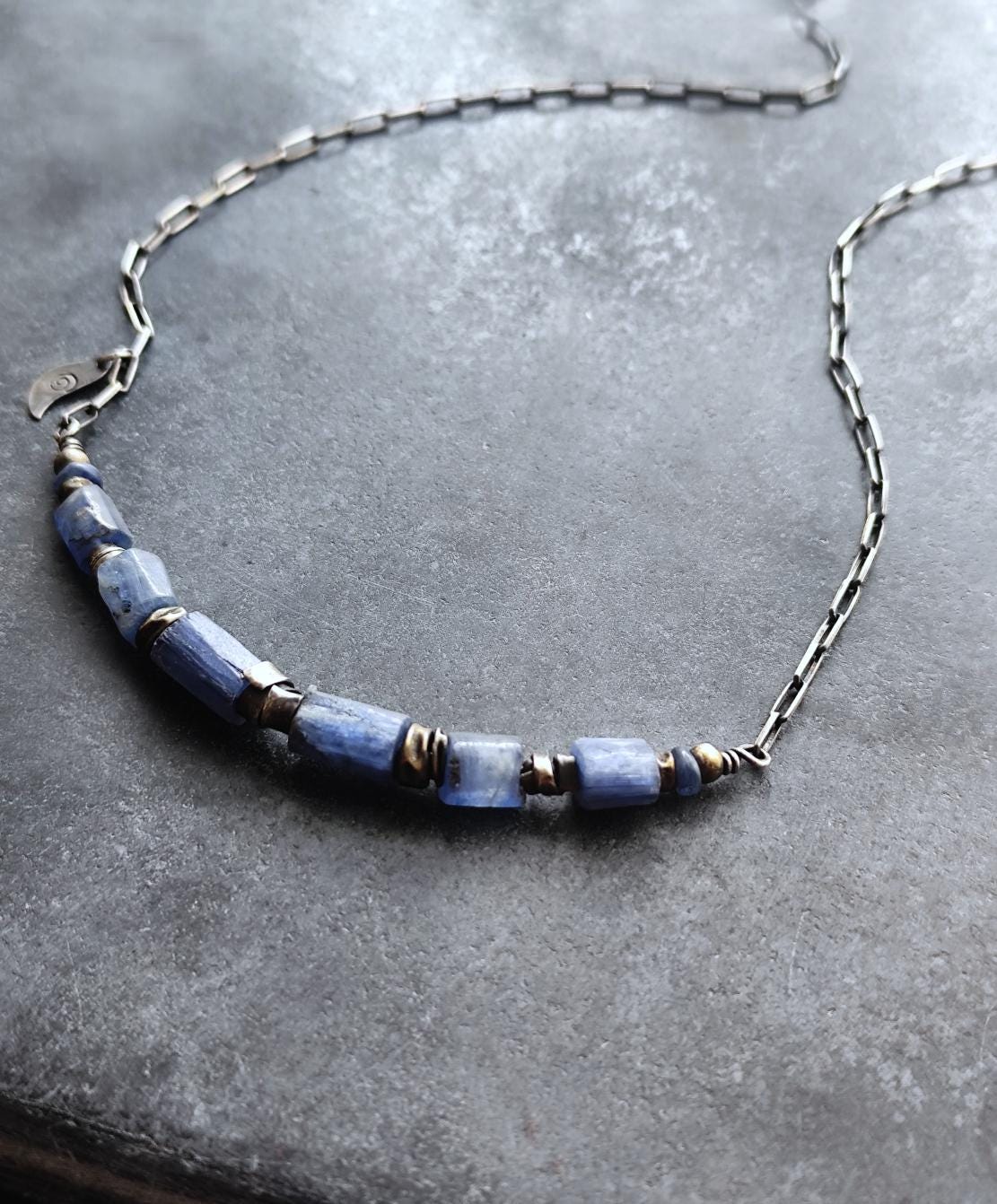 Artisan Raw Silver Necklace with Blue Kyanite, Oxidized Sterling Silver Jewellery, Chain Necklace with Kyanite Bar, Denim Blue Necklace 925