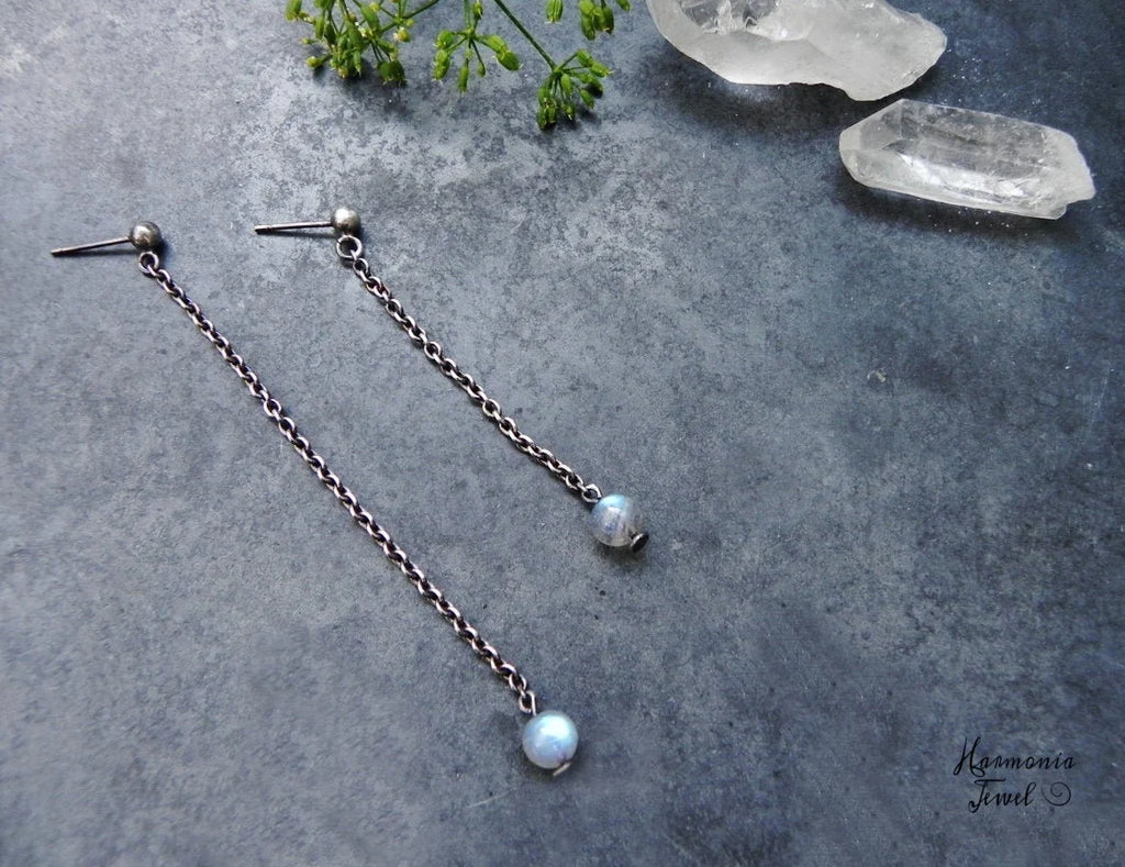 Long Dangle Earrings with Labradorite and Silver Ball - Mismatched or Equal