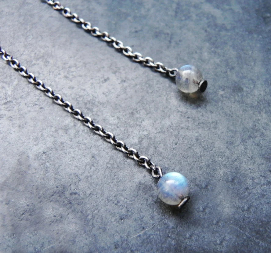 Long Dangle Earrings with Labradorite and Silver Ball - Mismatched or Equal