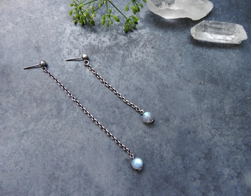 Long Dangle Earrings with Labradorite and Silver Ball - Mismatched or Equal