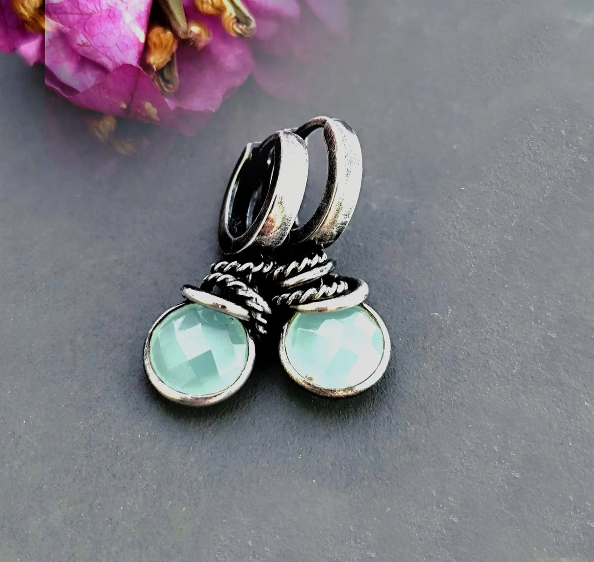 Aqua Chalcedony Earrings Oxidized Sterling & Blue Stone Hoops