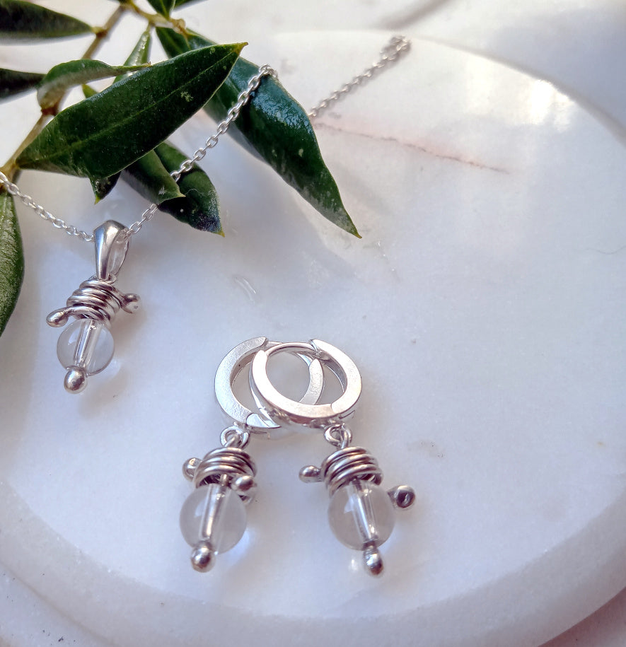 Clear Crystal Quartz Charm Huggie Hoop Earrings