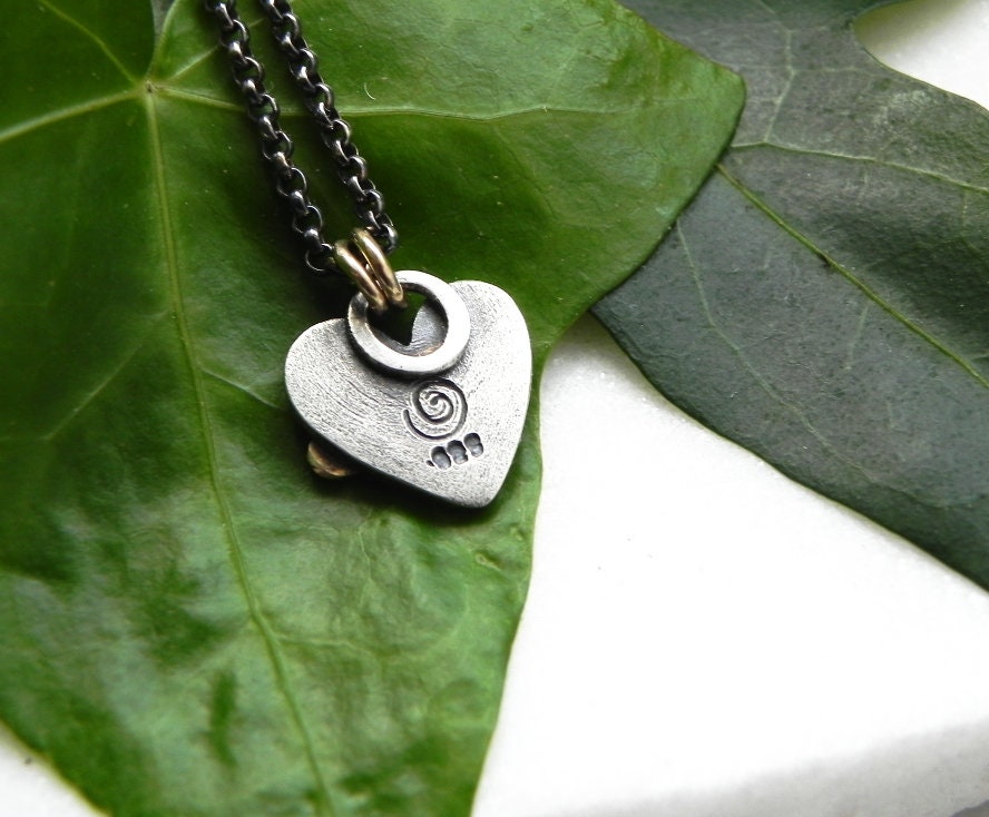 Heart Pendant - Two Hearts United - Artisan Sterling Silver & Brass Necklace in Antiqued Silver