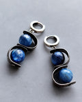 Rustic Texture Blue Kyanite Hoop Earrings with Orbital Geometrical Detail - OOAK Modern Silver Earrings Genuine Denim Blue Gemstone .925