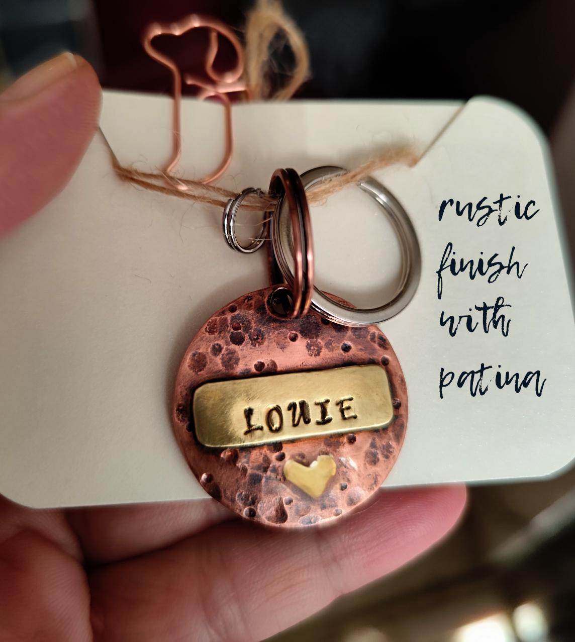 25mm Copper & Brass Pet ID with Heart Detail in Rustic or Shiny Finish - for Medium Size Pets/Key-rings